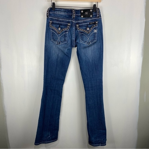 Miss Me Boot Cut Beaded Jeweled Moto‎ Biker Dark Wash Denim Blue Jeans Size 26 - Picture 5 of 6